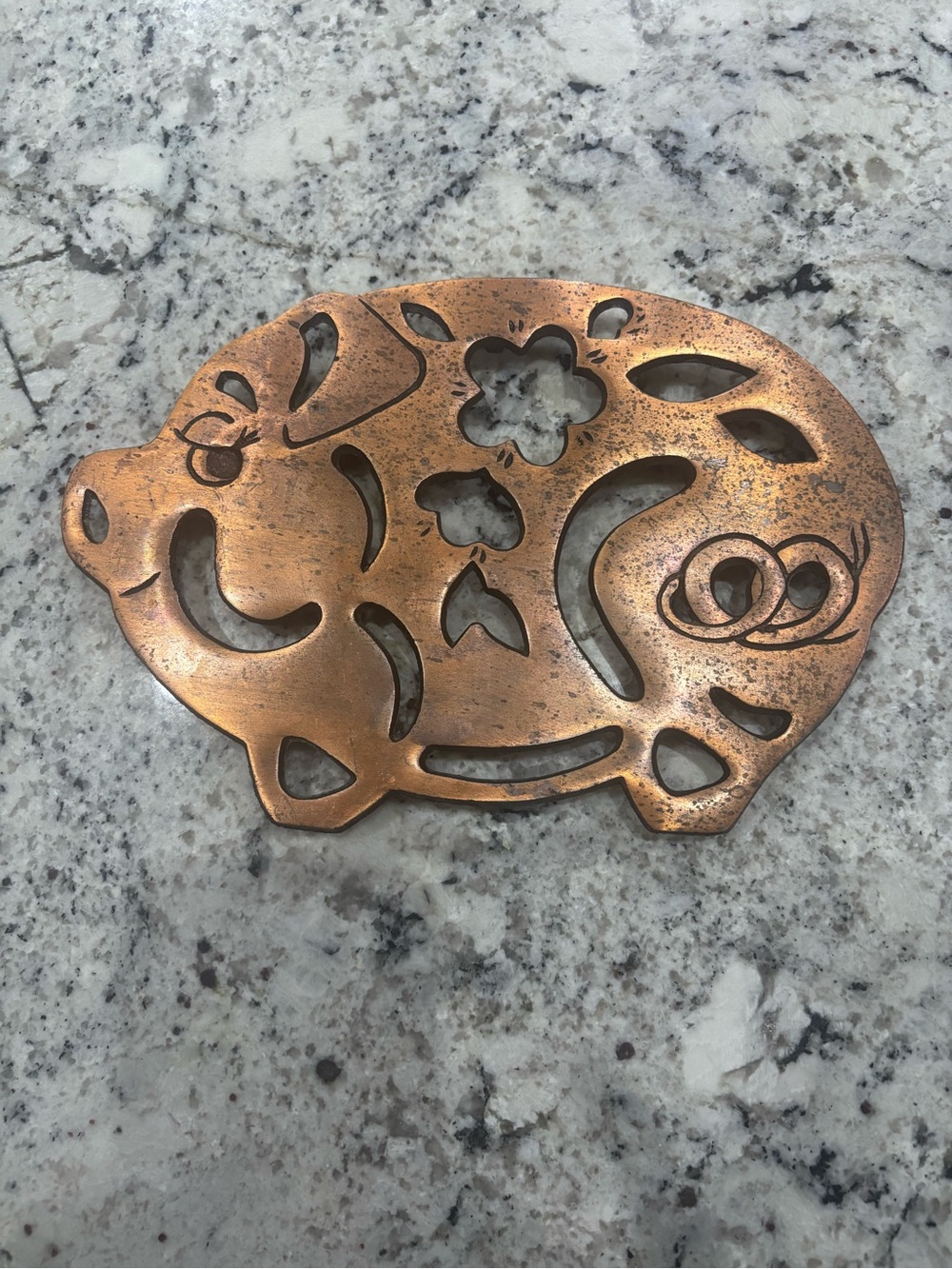 Vtg Copper Cast Iron Pig Trivet Farmhouse Kitchen Wall Decor Hot Plate Plaque